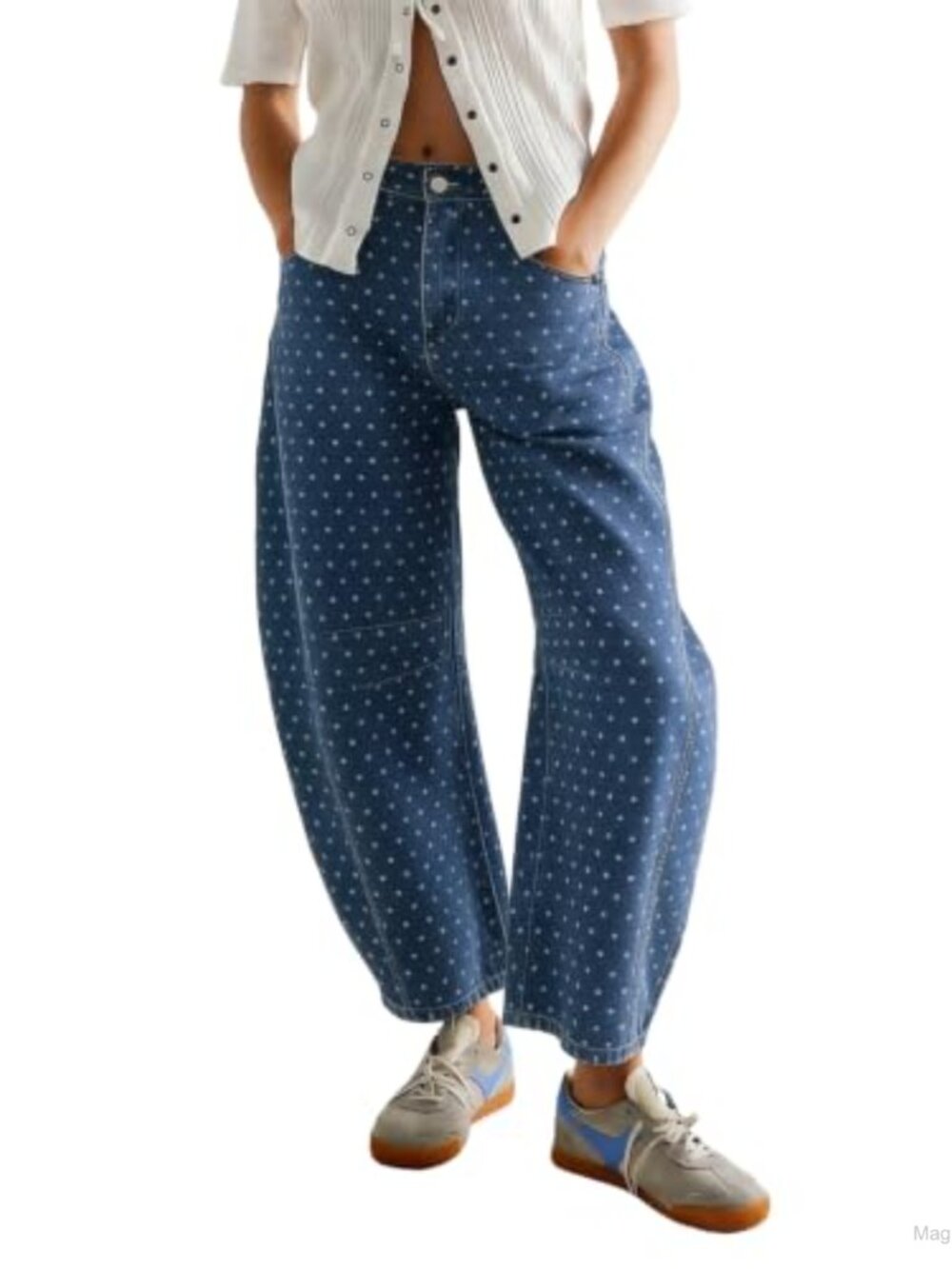 High Waisted Polka Dot Barrel Jeans Wide Leg Ankle Denim Pants